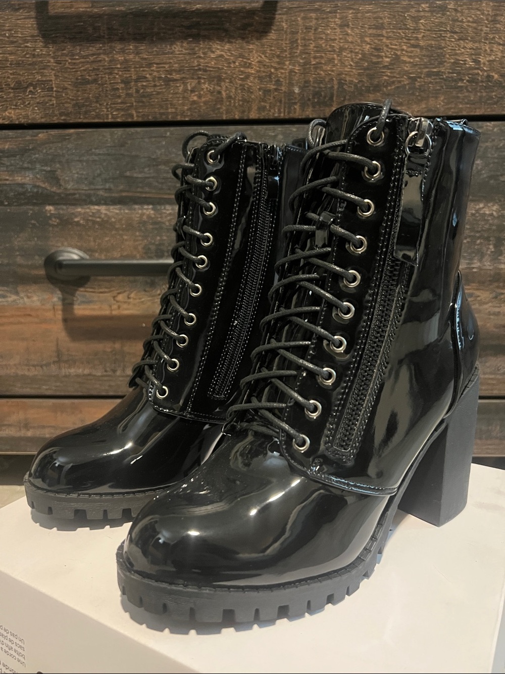 Aldo Black Patent Lace-Up Block Heel Ankle Boots